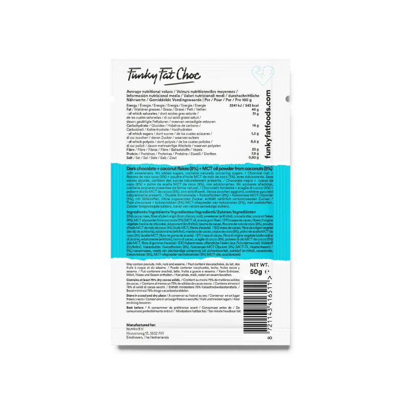 Barretta di chocolate Bio coconut Funky Fat Foods 50g x10 – product overview