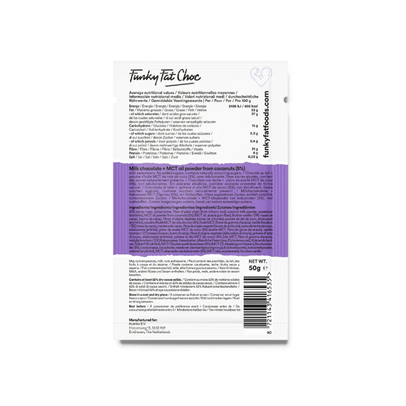 Barretta di cioccolato Bio al Latte Funky Fat Foods 50g x10 – product overview