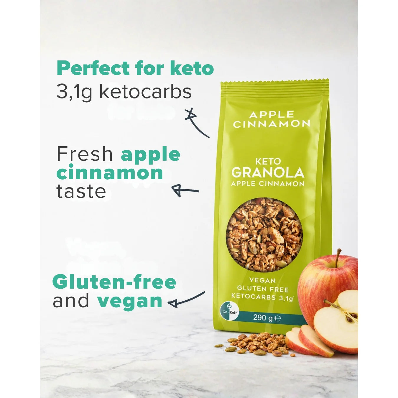 Keto Granola Appel Kaneel Go-Keto 290g – product overview