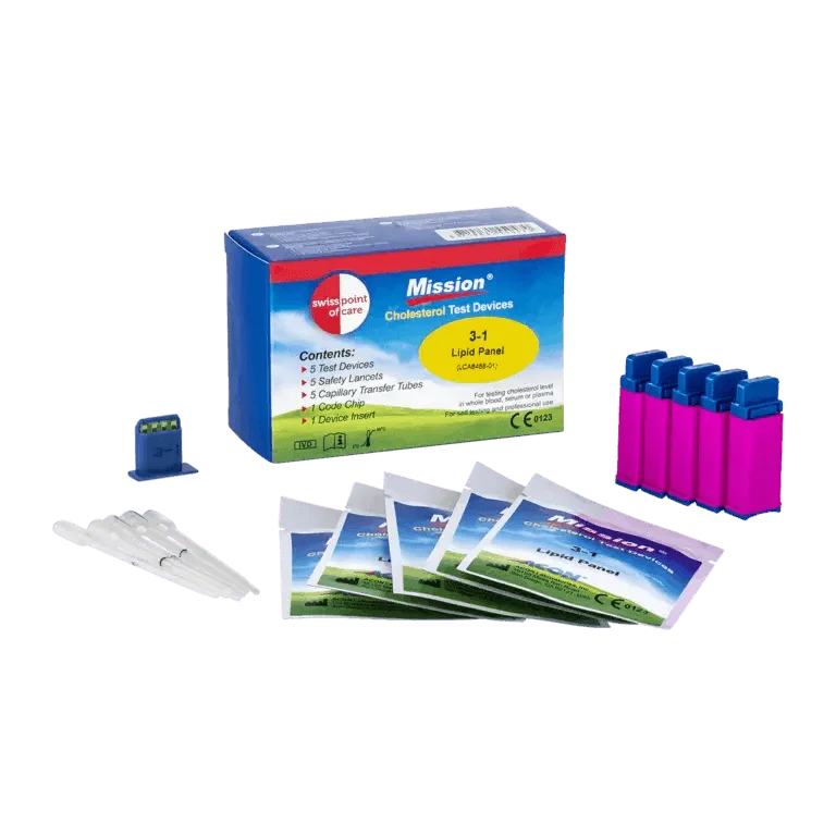 Cholesterol Teststrips Mission 3-in-1 Swiss Point of Care x5 swiss point of care  P-MTES-05SP