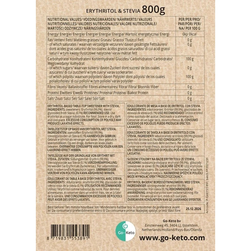 Erythritol Stevia  Premium Sweetener Go-Keto 800g – product overview