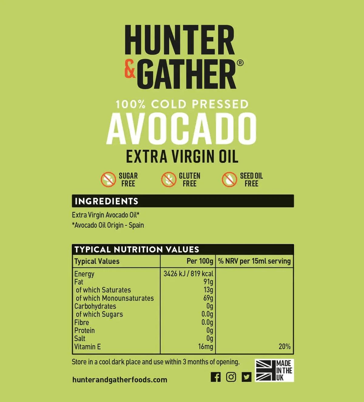 Hunter & Gather Avocado Oil Extra Virgin Hunter & Gather 500ml 00900004 Vital20