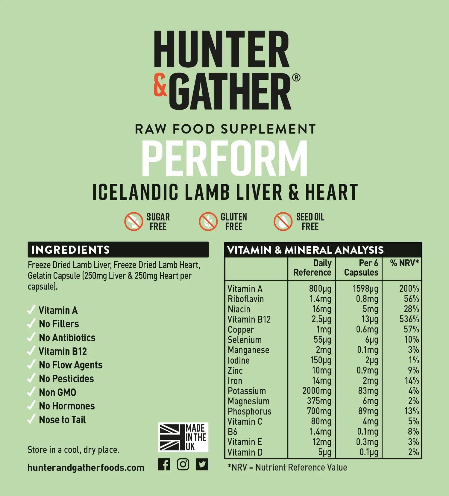 Hunter & Gather Perform 100% Gress Fed Lamb Liver & Heart Hunter & Gather x90 00900013 Vital20