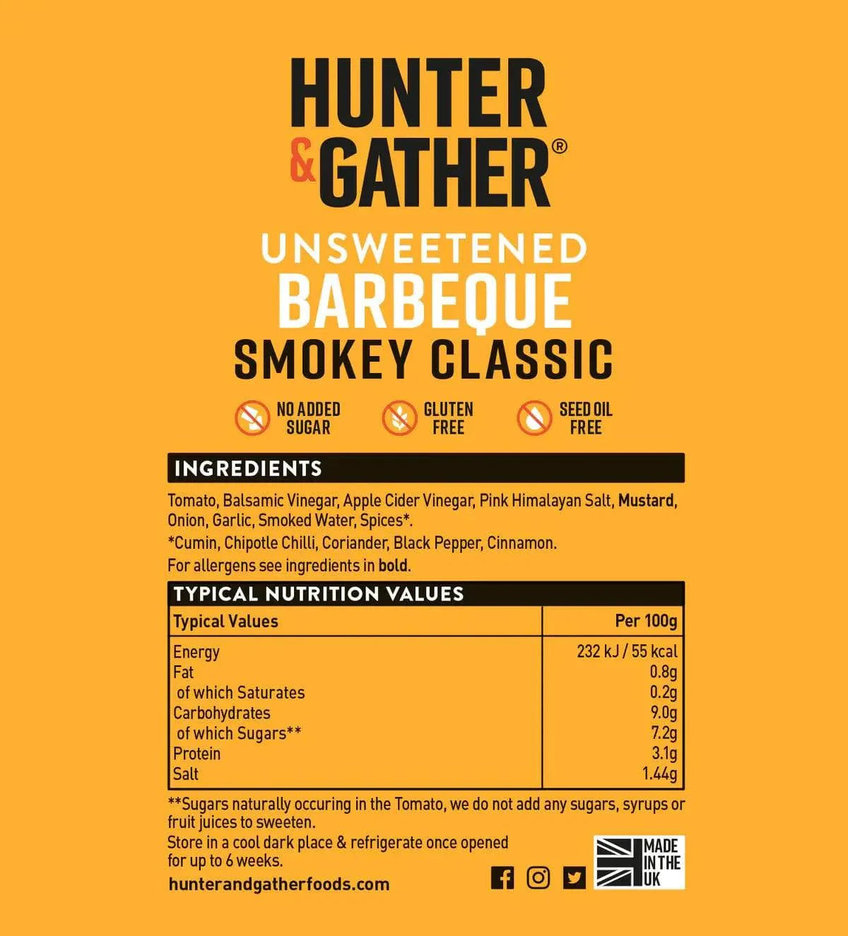 Hunter & Gather Unsweetened Barbecue Sauce Smokey Classic Hunter & Gather 350g 00900039 Vital20