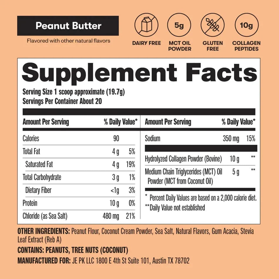 Perfect Keto Grass-Fed Collagen Peptides & MCT Brain Boost  Peanut Butter Perfect Keto 395g P-PKKCPB-12 Vital20